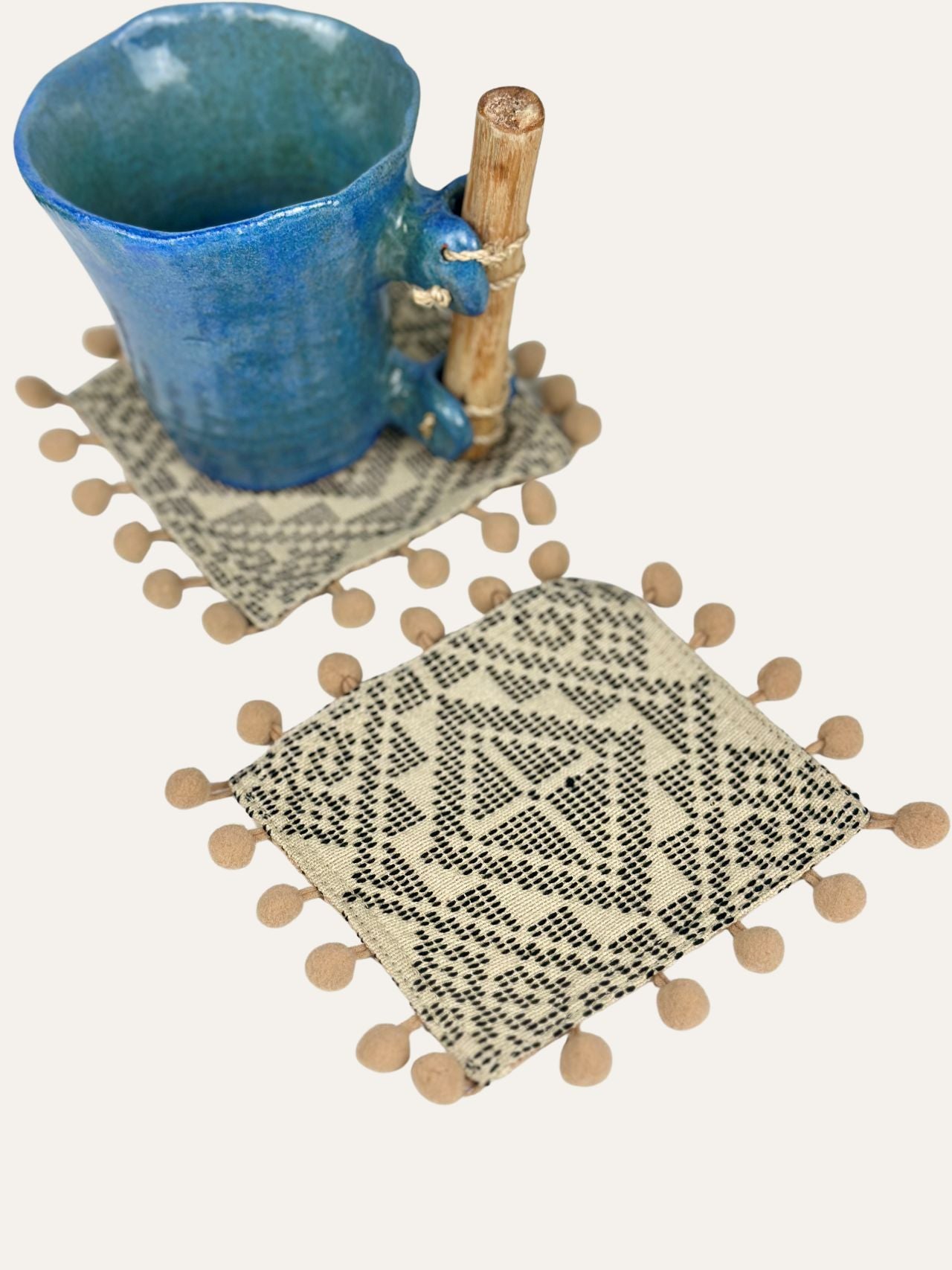 Yakan Handwoven Pompom Coasters - Beige
