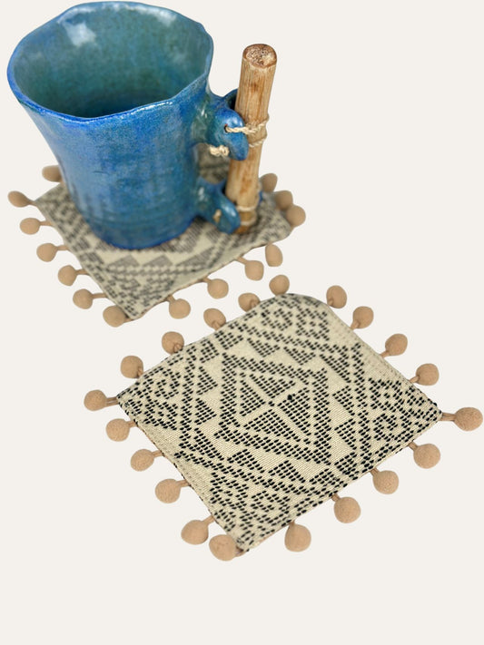 Yakan Handwoven Pompom Coasters - Beige