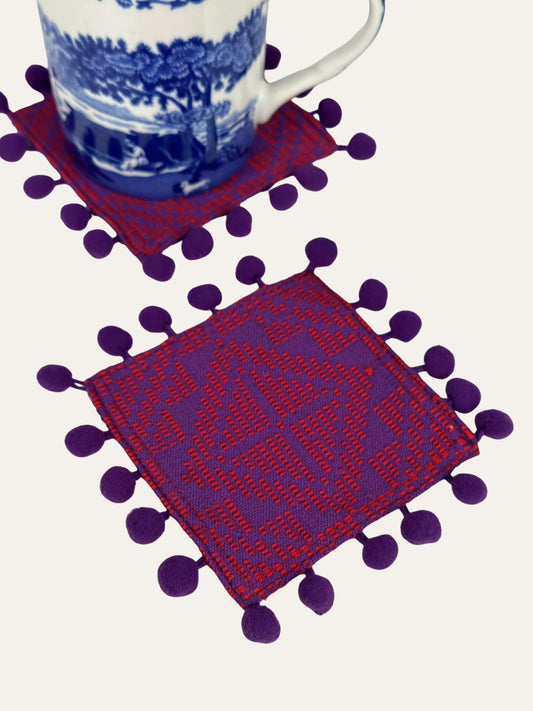 Yakan Handwoven Pompom Coasters - Purple/Red