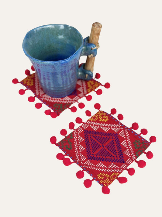 Yakan Handwoven Pompom Coasters - Red