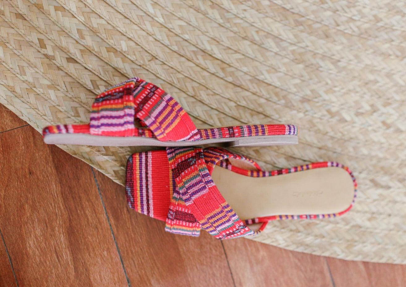 Marikina handcrafted leather slides  made of handwoven textile from the Mindanao, Philippines